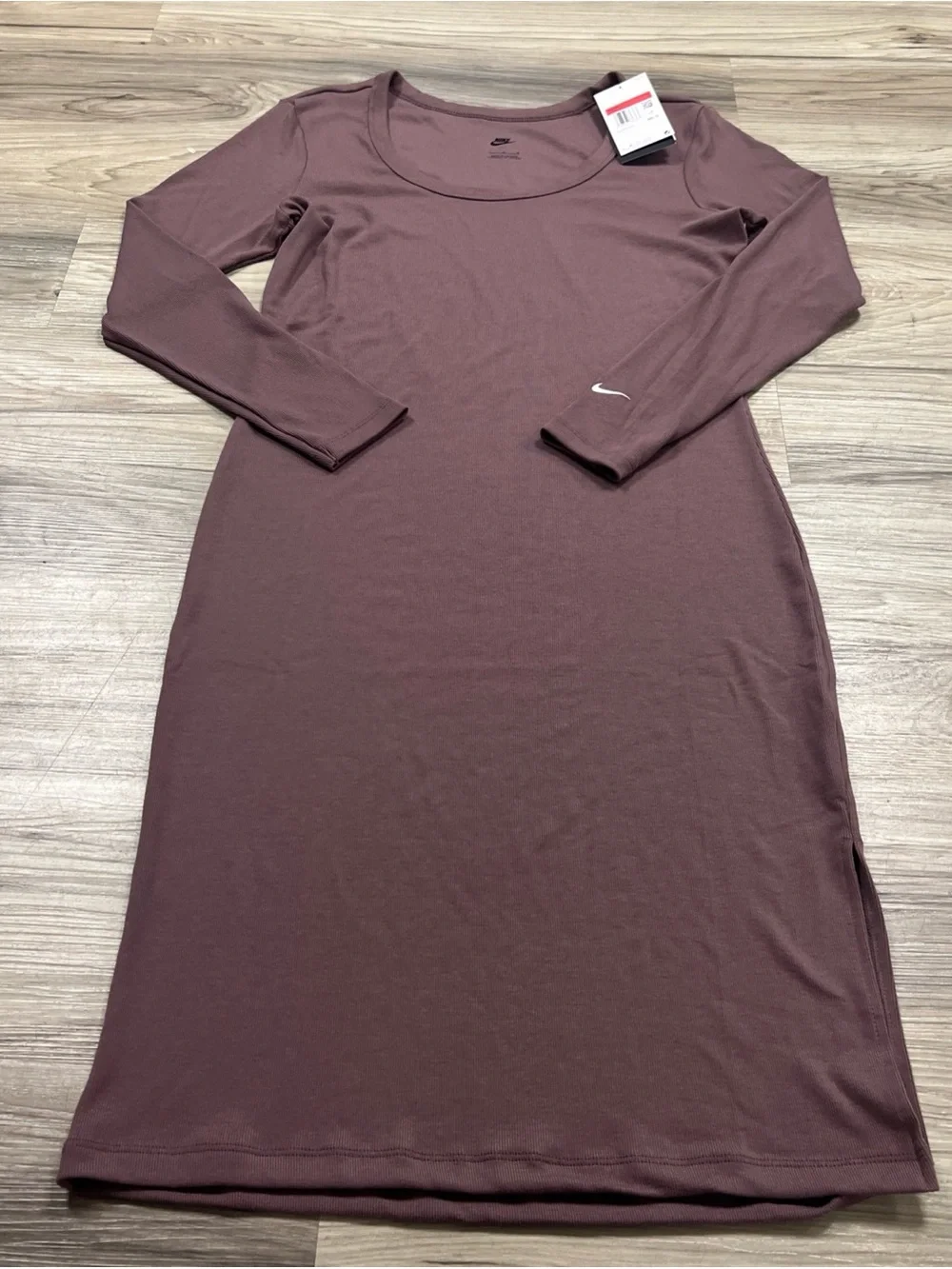 Nike Sportswear Chill Knit Ribbed Long Sleeve Midi Dress Large Burgundy Crush